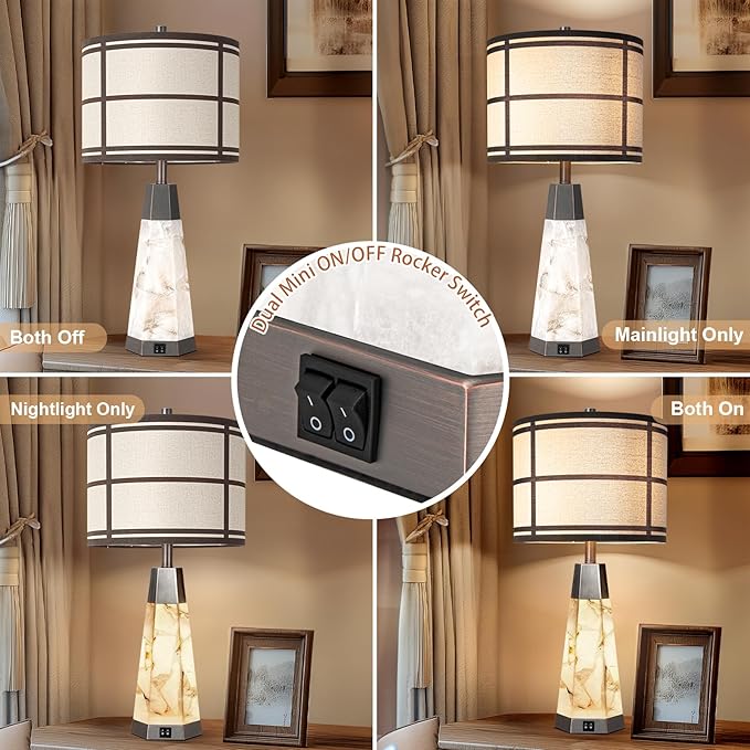 27" Natural Alabaster Table Lamps for Living Room, Bedroom Lamps Set of 2 with Night Light, Living Room Lamps with USB A+C Ports, Table Lamp with Linen Shade for Bedside (Bulbs Included)
