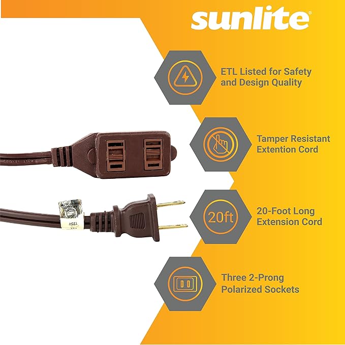 Sunlite 04135 20-FT Household Extension Cord, Three 2-Prong Polarized Sockets, Tamper Guards, Indoor Use, for Small Appliances, Electronics, Lamps, ETL Listed, SPT-2, 1625 Watts 13 Amps, 125V, Brown