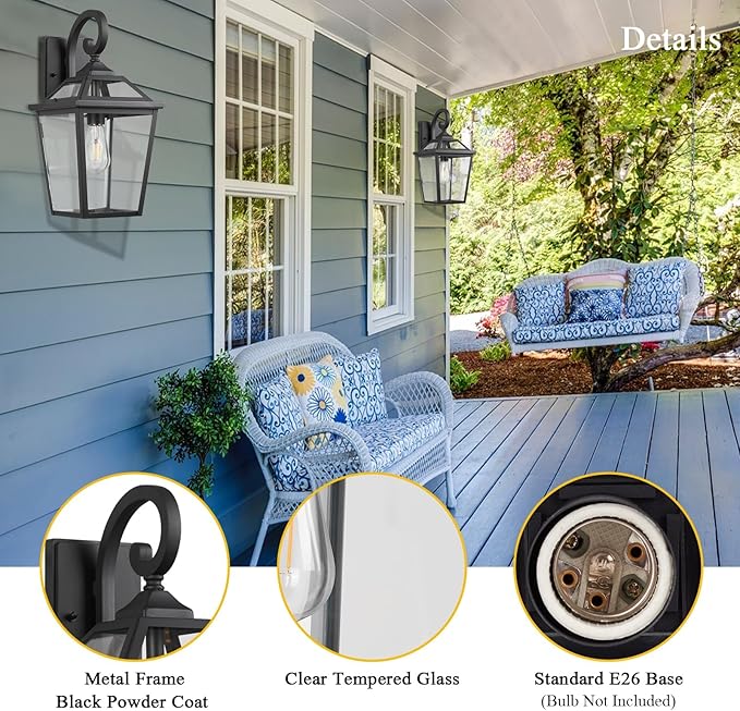 Outdoor Lanterns, Black Exterior Light Fixtures Mounted with Clear Glass, 18 Inch Tall Outdoor Wall Sconces Lamp for House, Doorway, Garage, Patio, 2 Pack