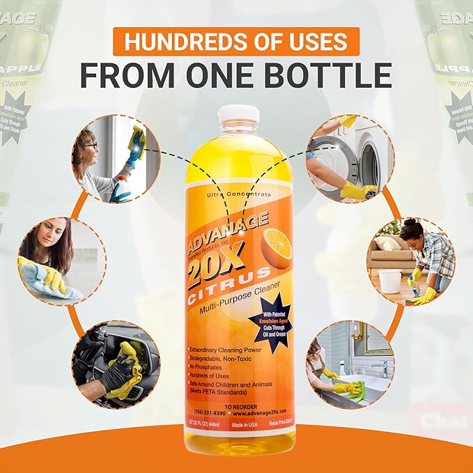 All Purpose Cleaner Concentrate - Advanage 20X The Wonder Cleaner Citrus for All Surfaces Around Bathroom, Kitchen, Oil and Grease | Multi Purpose Cleaner for Household Cleaning Solution | 32 Fl Oz
