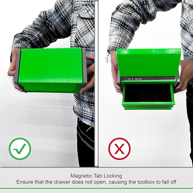 P.I.T. Mini Green Tool Box, Portable 3 Drawer Steel Stackable Tool Box with Magnetic Tab Locking, Green Micro Top Chest with Liner for Tools Storage and Organizers, Home DIY