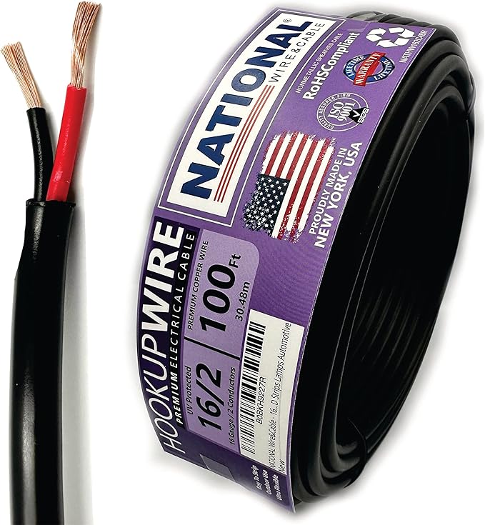 NATIONAL Wire & Cable – 16 AWG 2-Conductor Premium Copper Wire, 100 ft, Stranded | Made in USA, Heavy-Duty Flexible Jacket | LED, Lights, DIY Projects, Low Voltage Wiring, Indoor and Outdoor Use