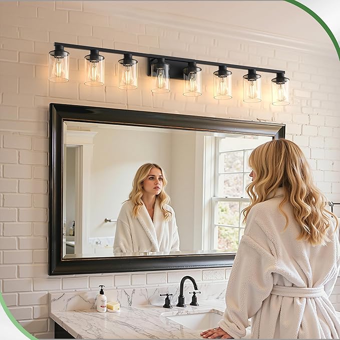DORESshop 55 Inch Bathroom Light Fixtures, 8-Light Black Bathroom Lighting Fixtures Over Mirror with Glass Shade, Modern Vanity Lights for Hallway Bedroom