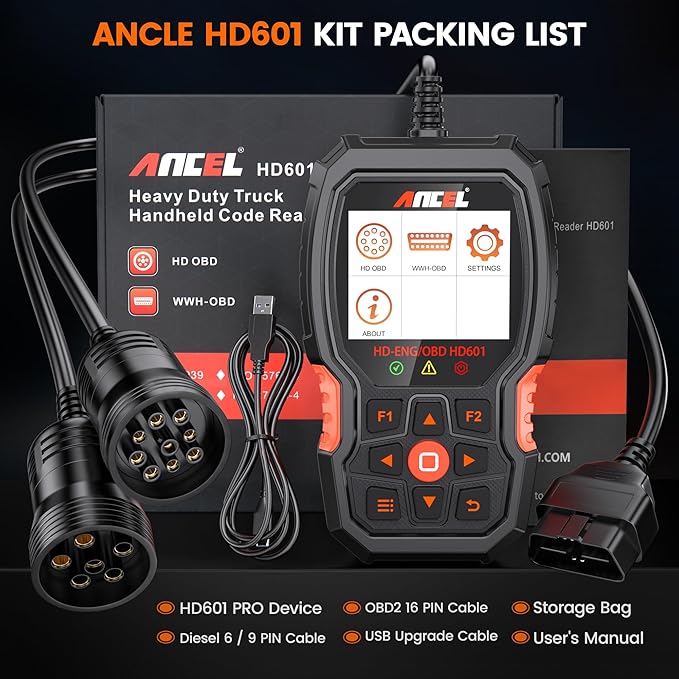 ANCEL Heavy Duty Truck Scanner HD601 All System Diesel Diagnostic Scan Tool fits for Cummins, Detroit, Freightliner, International, Paccar, Check Engine for Truck & Car 2 in 1 Code Reader
