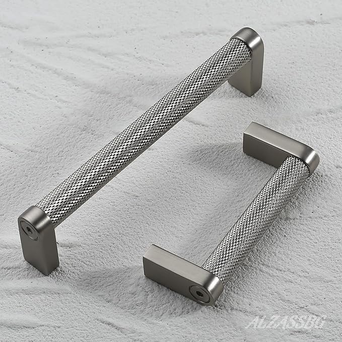 Alzassbg 10 Pack Satin Nickel Cabinet Pulls, 5 Inch(128mm) Hole Centers Cabinet Handles Kitchen Hardware Knurled Drawer Handle Pull AL3101SN