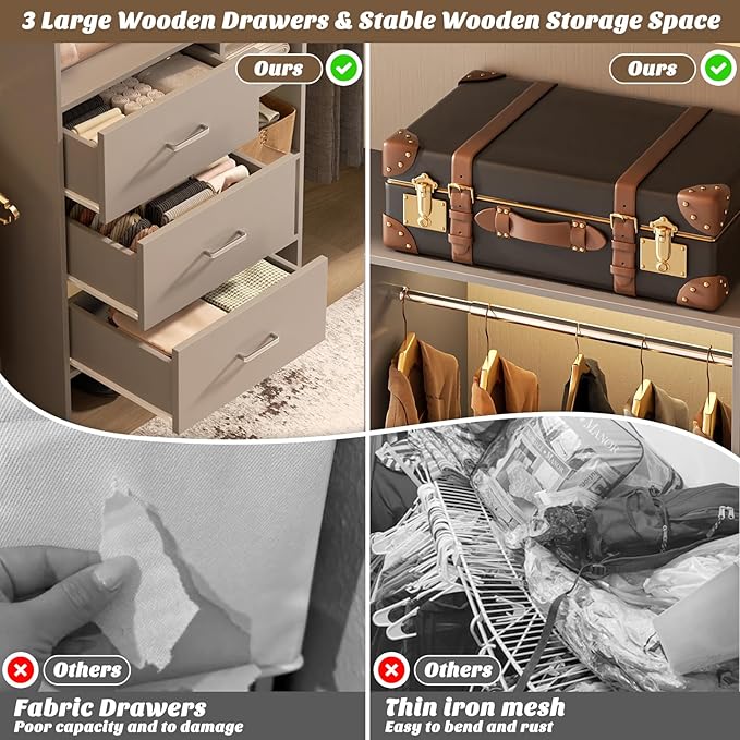 Aheaplus Closet System, Closet Organizer with 3 Wooden Drawers, 8FT Closet Organizer System, 96’’ Walk-in Closet Wardrobe Clothes Rack with Hanging Rods, Garment Rack, Fits 5.3-9 ft, -G6, Grey