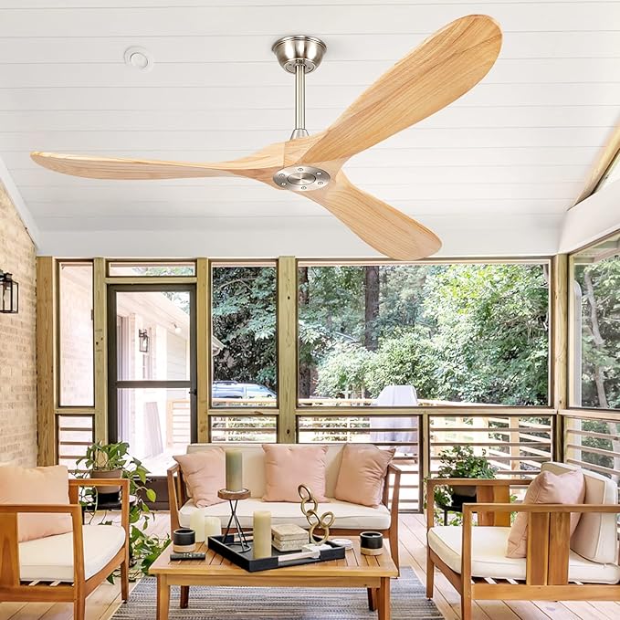 52" Ceiling Fans Without Lights, Solid Wood Ceiling Fan with Remote Control No Light, Modern Ceiling Fan with 3 Blades, Indoor Outdoor Ceiling Fans for Patios, Gazebo(Nature Wood)
