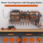 Extra Large Power Tool Organizer Wall Mount with Charging Station, 12 Drill Holders Heavy Duty with 8-Outlet Power Strip, Garage Cordless Drill Storage and Organization, Battery Utility Rack