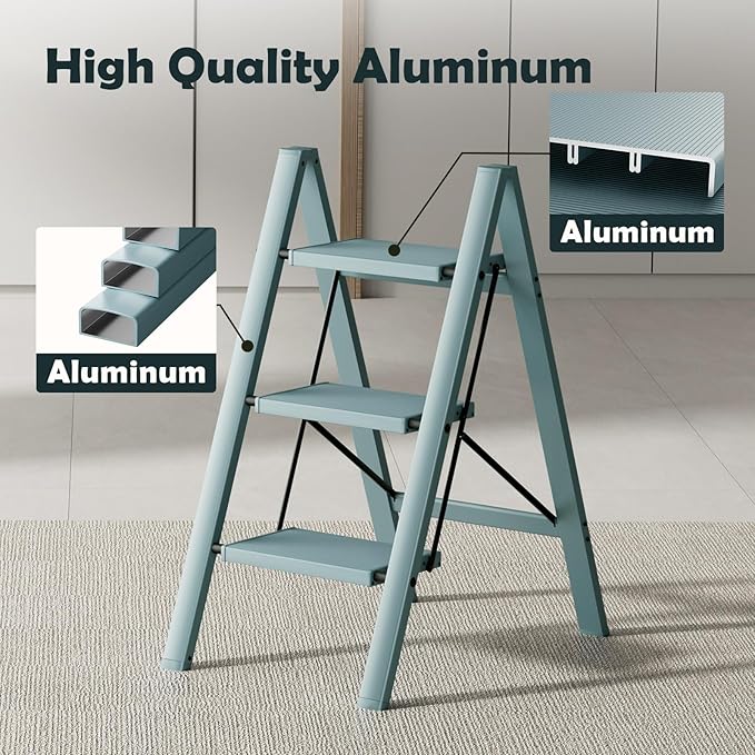 Taranta 3 Step Ladder,Aluminum Lightweight Folding 3 Step Stool with Anti-Slip Wide Pedal,330lbs Capacity Step Ladder for Household,Kitchen,Office - Serene Blue