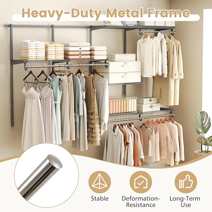 Giantex Closet Organizer System, 4-8 FT Wall-Mounted Closet Shelves and Rod, Adjustable Closet Organization w/ Hanging Rod, DIY Expandable Modular Metal Wire Shelving for Laundry Bedroom (Grey)