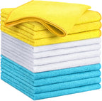 GLIMGLINT Microfiber Cleaning Cloth, 12 Pack Cleaning Rags, Cleaning Towels with 3 Color Assorted, 14"X12"(Yellow/White/Blue)