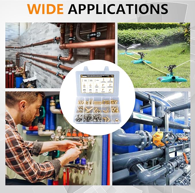 136Pcs Brass Hose Barb Fittings Assortment Kit Barb Splice/Female Adapter/Coupler/Tee/Male Elbow NPT Thread 1/8" 3/16" 1/4" 5/16" 3/8" 1/2" Air Hose Fittings with Pipe Clamps for Water/Air/Fuel