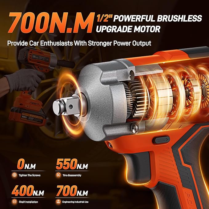 21V Cordless Impact Wrench, 1/2" Brushless Impact Driver Kit 516Ft-lbs (700N.m) with 2*4.0Ah Batteries,4 Sockets,10 Drill Bits,High Torque Electric Impact Gun for Car Tire Truck RV Mower