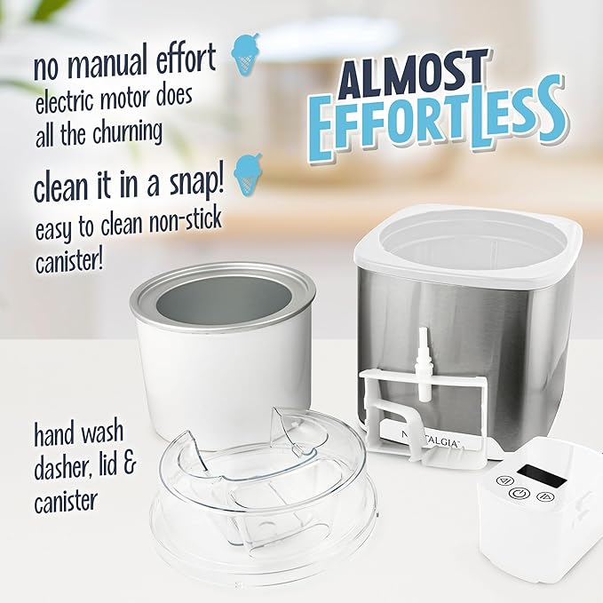 Nostalgia 2-Quart Electric Ice Cream Maker – Make Homemade Ice Cream, Gelato, Sorbet & Frozen Yogurt – No Salt/Ice Needed, Digital Controls, Mix-In Chute & Freezing Gel Canister – Stainless & White