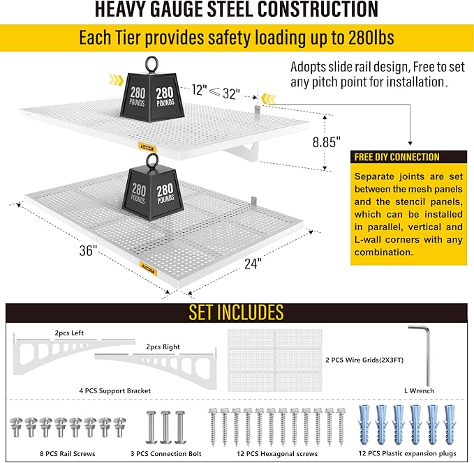 2-Pack 2x3ft Adjustable Garage Wall Shelving 560lbs Load Capacity Heavy Duty Wall Mounted Storage Shelf Metal Floating Shelves for Garage(White)