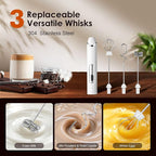 Milk Frother Handheld with Stand,Rechargeable Coffee Frother Wand with 3 Detachable Stainless Steel Whisk Heads, Hand Electric Mixer for Latte,Matcha,Cappuccino,Protein (White)