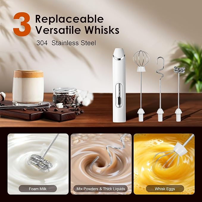Milk Frother Handheld with Stand,Rechargeable Coffee Frother Wand with 3 Detachable Stainless Steel Whisk Heads, Hand Electric Mixer for Latte,Matcha,Cappuccino,Protein (White)