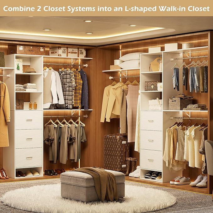 PAKASEPT 96 Inches Closet System with Drawers, 8FT Closet Organizer System with 3 Hanging Rods, Wall Mount Bedroom Wardrobe with 3 Drawers Walk-in Closet, Adjustable Cloth Garment Rack from 5 to 8FT