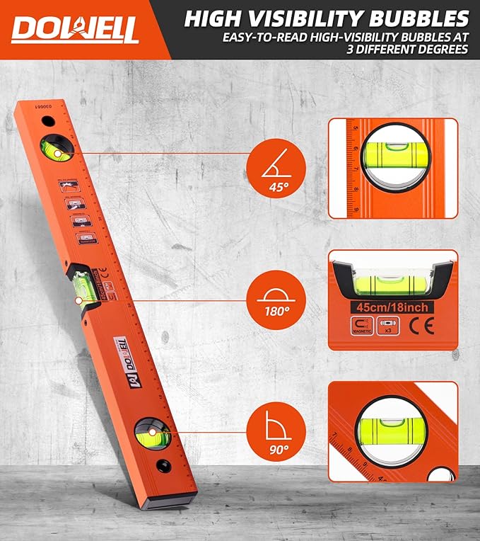 DOWELL 18 Inch Magnetic Spirit Level with Metric Scale, 3 Different Bubbles-45°/90°/180°, HY030661