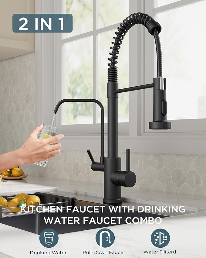 FORIOUS Black Kitchen Faucet with Purfied Water Filter, 2 in 1 Commercial Stainless Steel Pull Down Sink Faucet and Drinking Water Faucet 2 Handle for Pot Filler Kitchen Sink Farmhouse Bar