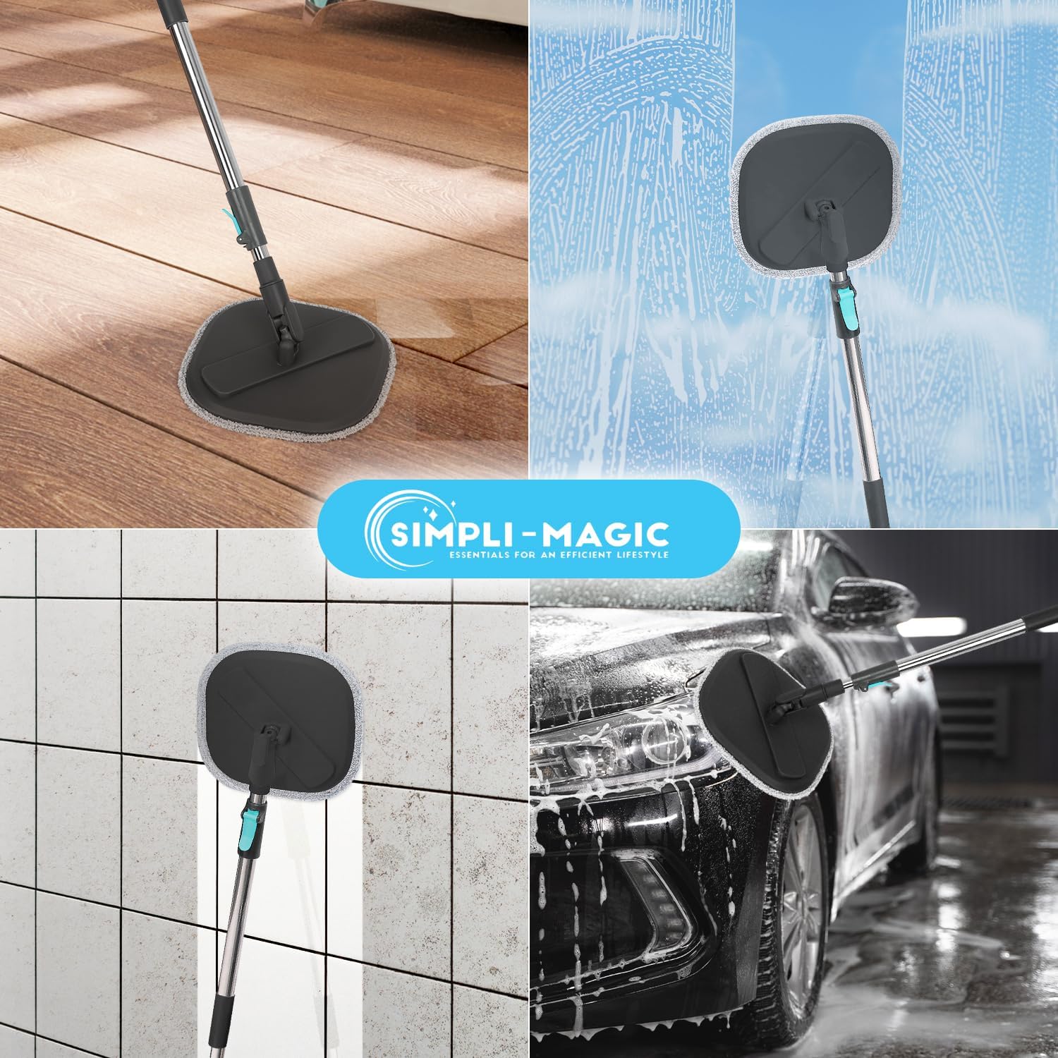 SIMPLI-MAGIC 360° Square Spin Mop and Bucket System – Dual Compartment, Separate Clean & Dirty Water – 3 High-Absorbent Microfiber Washable Heads – All Types Floor Cleaning
