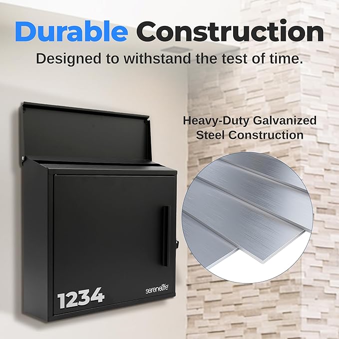 SereneLife Outdoor Wall Mailbox | 0.46 Cubic FT Locking Mailbox | Easy Installation, Secure Lock Mechanism | Ideal for Residential or Commercial Use | Wall Mountable 13.77" x 4.52" x 12.99 | Black