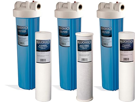 Bluonics 110W UV Ultraviolet Light Plus Sediment and Carbon Well Water Filter Purifier System with NPT 1" Ports, 24 GPM UV with 3 Filter Size 4.5” x 20" Filters