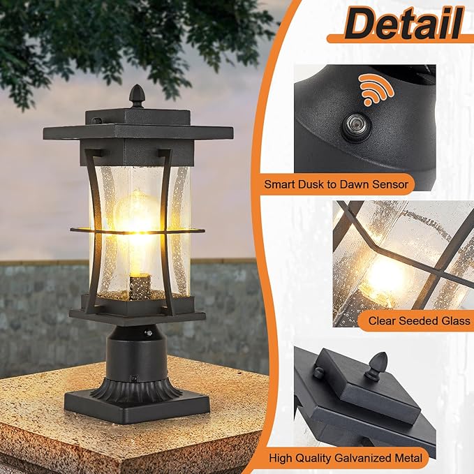 Dusk to Dawn Outdoor Post Light Fixture Waterproof Pole Mount Light with Pier Mount Adapter, Black Finish with Seeded Glass Outdoor Post Lantern for Patio, Garden, Porch and Backyard