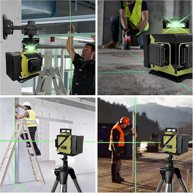 Laser Level 360 Self Leveling, 3x360° 3D Green Line Laser Level for Picture Hanging, Rechargeable Lazer Level with Type-C Charger, 2 * 3600mAh Batteries, Magnetic Rotating Stand and Hard Case