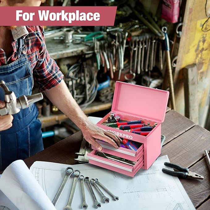 WORKPRO Mini Metal Tool Box with 2 Drawers and Top Storage, Small Tool Chest with PVC Liners and PP Feet Pads, Cold Rolled Steel Toolbox with Magnetic Tab - Pink Ribbon