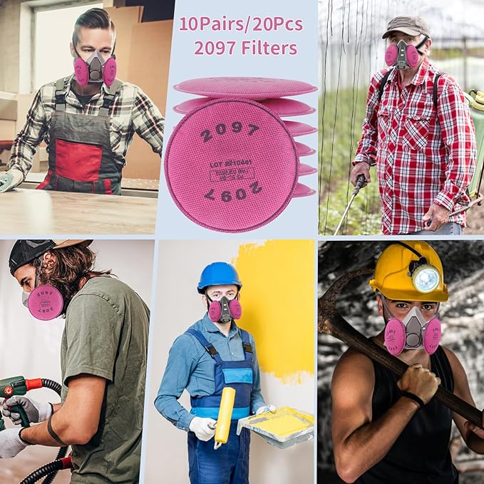 2097 Respirator Filters (20Pcs/10Pairs), Respirator Cartridges with Activated Carbon Layer, Filter for 6200, 6502, 6800, 7502 Respirator, for Against Particulate, Dust, Organic Vapor, Painting