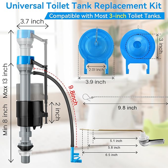 Saillong 3 Inch Universal Toilet Tank Replacement Kit, Toilet Flusher Fill Valve with Low Flow Flapper Repair Kit, Side Mount Flush Brass Handle, Adjustable Water Level, Easy to Install(Blue)