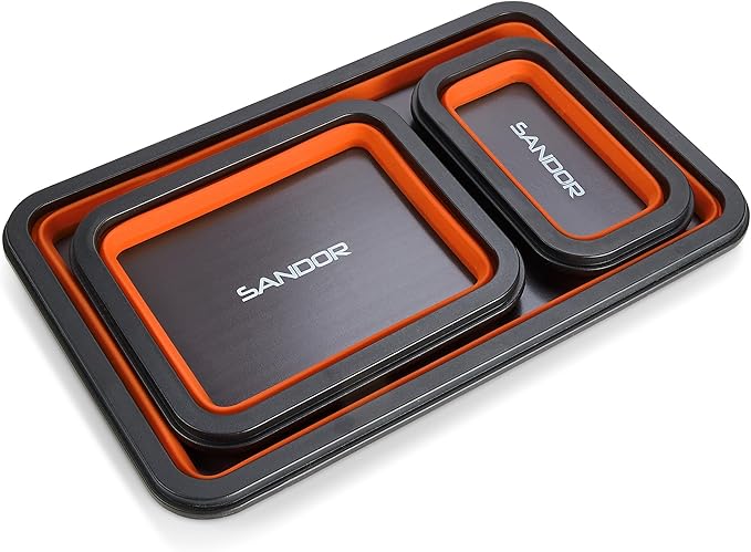 SANDOR Collapsible Magnetic Parts Tray Set - 3 Different Size Tool Trays for Screw, Bolts, Nuts, Washers, Pins and Other Small Metal Parts, Mechanic Tool Gifts for Men - Orange