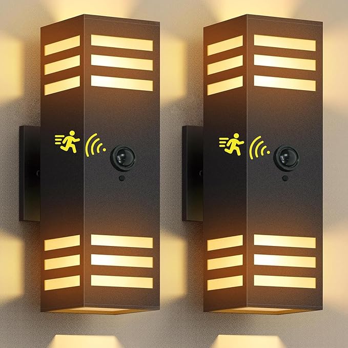 wowlite Motion Sensor Outdoor Lights 2 Pack, Dusk to Dawn Porch Light Outdoor Wall Sconce, 3 Lighting Modes Exterior Lighting Fixture Wall Mount Waterproof, Black Aluminum Outside Lights for House