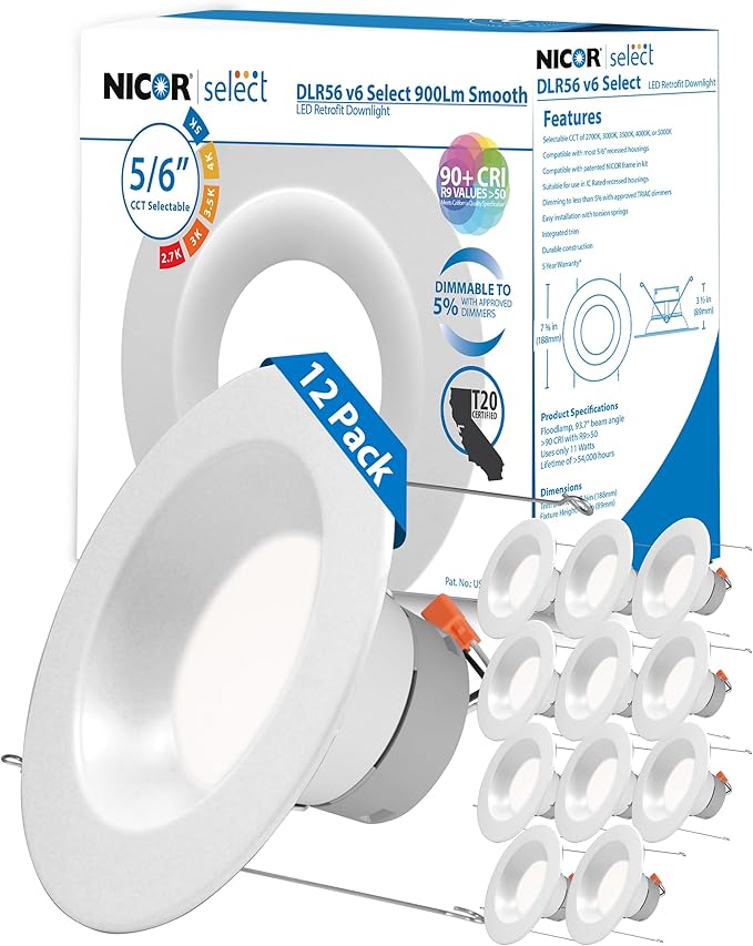 NICOR Lighting Recessed Ceiling Lights LED Downlight - Dimmable 5/6 inch LED Recessed Light Fixtures - Selectable CCT 2700K-5000K, 918 Lumens, 10.3W - DLR56 LED Retrofit Ceiling Light, White, 12-Pk