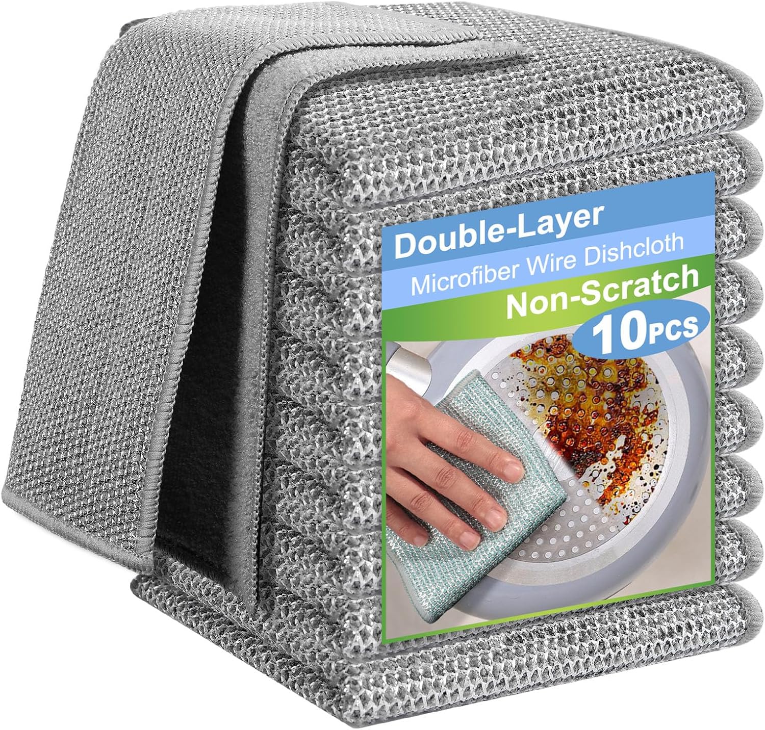 10pcs New Upgrade 2-Layer Microfiber Wire Dishcloth,Non-Scratch Wire Dishwashing Rags for Wet and Dry,Metal Scrubbers, Kitchen Miracle Cleaning Dish Rags for Cookware,Sinks, Dishes,Stove,Grey