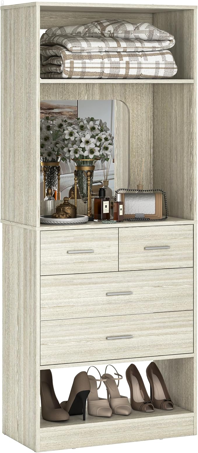 Unikito 2FT Closet System with 4 Drawers, 25 Inch Wood Closets Organizer with Storage Shelves and Mirror Design, Freestanding Sturdy Walk in Closet Tower for Bedroom, 25" W x 16" D x 80" H, White Oak