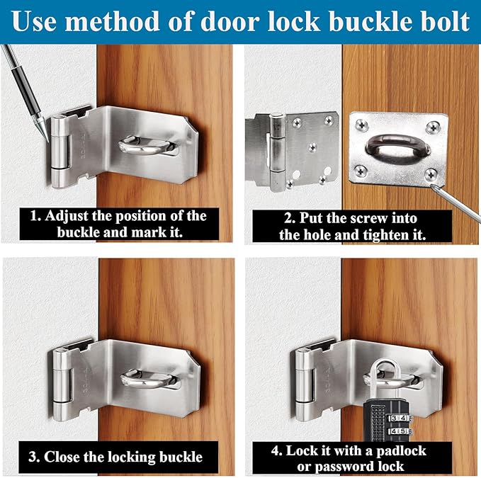 4 Inch Door Locks Hasp Latch 90 Degree 2 Pack,304 Stainless Steel Safety Padlock Clasp Hasp Lock Latch with Combo Lock & Padlock,Heavy Duty Gate Latch Lock with Screws