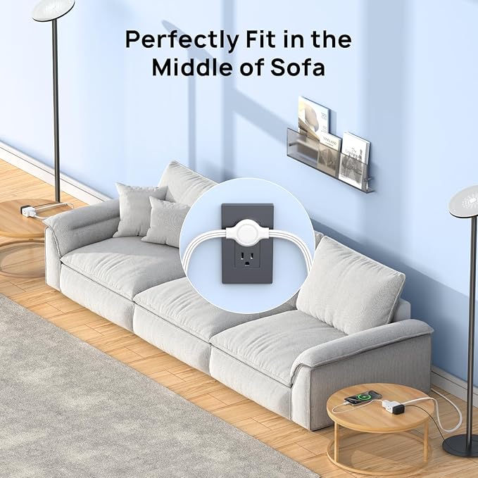 TROND Split Extension Cord Power Strip, Twin 6ft on Each Side, Low-Profile Flat Plug, Dual 3 Grounded Outlet Extender Cubes, 13 Amps, 16 Gauge Wire, for Behind TV Stand Sofa Headboard, Indoor, White