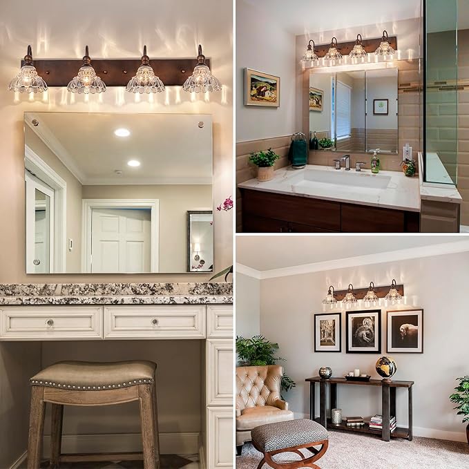 EDISLIVE Vintage Vanity Light for Bathroom ORB 4-Light Bath Wall Light Fixture with Clear Flower Glass Shades 36.22" E12 Antique Wall Sconce for Bedroom Hallway Living Room Vanity Mirror