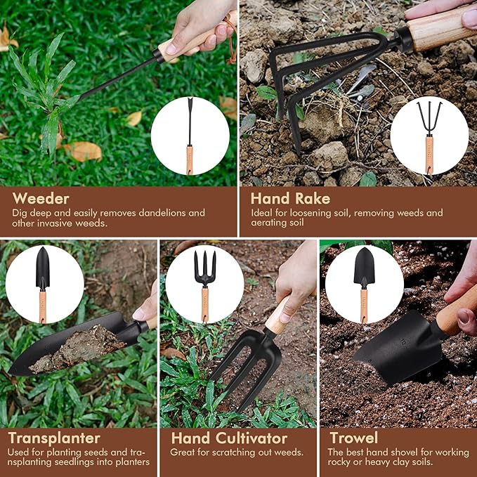 YAUNGEL Garden Tools - 10Pcs Garden Tool Set Heavy Duty Stainless Steel Gardening Supplies Hand Tools with Wooden Handle, Storage Tote Bag, Ideal Gardening Gifts for Women and Men, Black