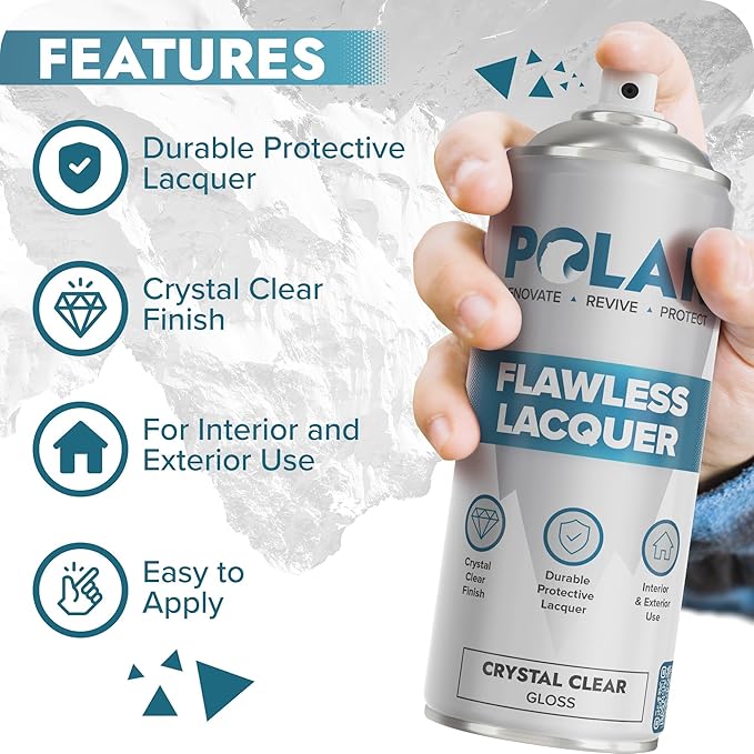 Polar Clear Gloss Flawless Lacquer Spray - 2 x 13.5 Fl Oz - Clear Coat Spray Paint - Non-Yellowing & Scratch Resistant - Interior & Exterior Surfaces for Wood, Metal, Plastics, Glass & Ceramics