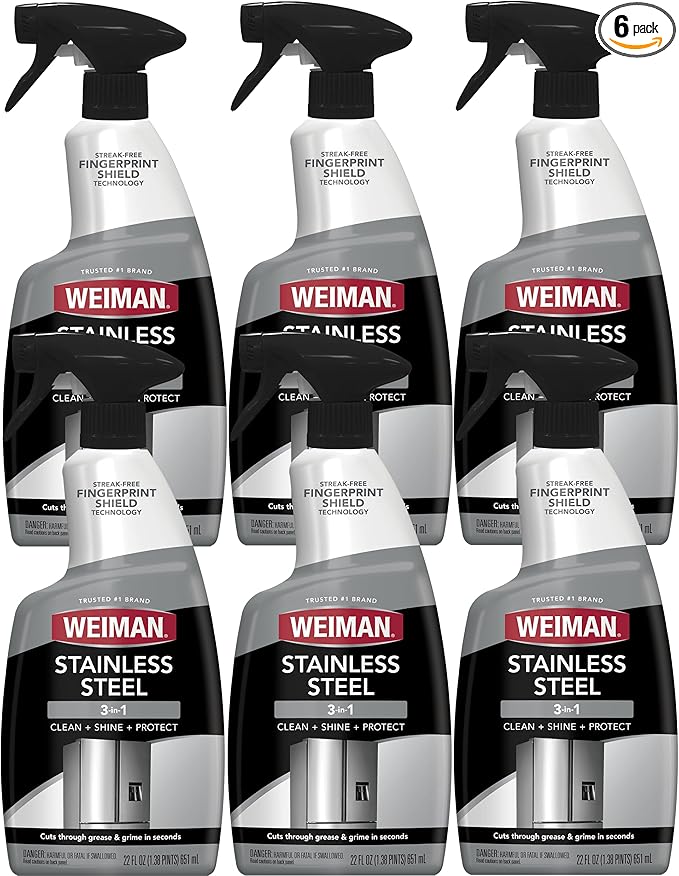 Weiman Stainless Steel Cleaner and Polish - Protects Appliances from Fingerprints and Leaves a Streak-Free Shine for Refrigerator, Dishwasher, Oven, Grill, 22 oz, 6 Pack