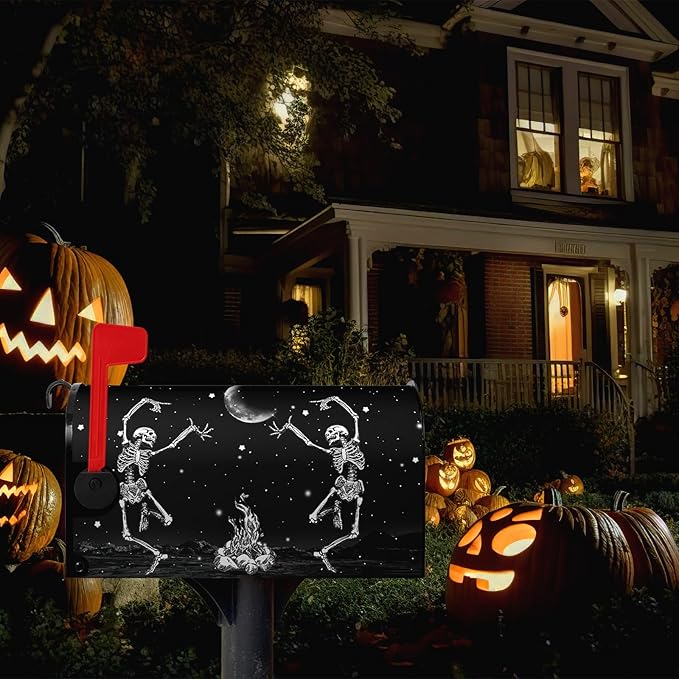 Halloween Skull Mailbox Cover Dancing Human Skeleton Mailbox Covers Magnetic Standard Size 21x18 Inch Moon Black Post Letter Box Wraps for Garden Outdoor Decorations