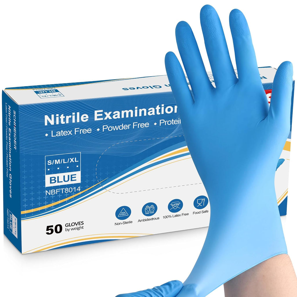 Schneider Nitrile Exam Gloves, Large, Box of 50, Heavy Duty Disposable Gloves, Textured, Latex Free, Food Safe, Industrial Gloves for Medical, Cleaning, Cooking, Blue