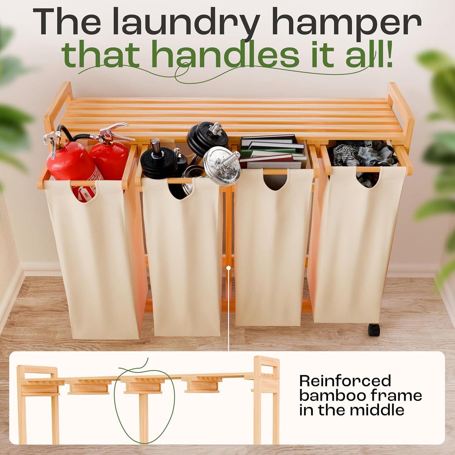 Laundry Sorter with 4 Sections beige, Hamper with Removable Cotton Bags & Wheels – Perfect Laundry Organizer - Eco-Friendly Rolling Laundry Basket – Durable Bamboo and Stylish Design