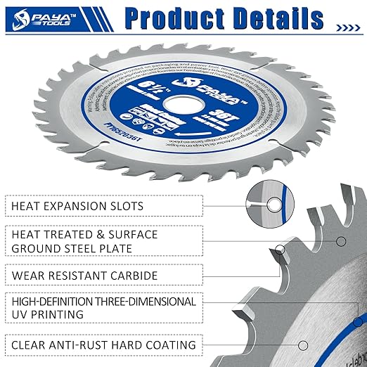 6-1/2-Inch 36-Tooth Circular Saw Blade,TCT ATB Framing Blade,20mm Bore(16mm Reduction Ring Included) for Wood Fast Cutting