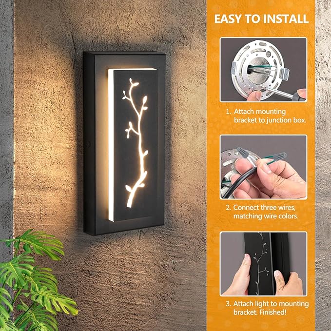 tewei LED Outdoor Wall Sconce, 15.7'' Black Outdoor Front Porch Lights Modern Exterior Lighting Fixtures, LED Exterior Wall Sconce for House, Hallway, Warm White 3000K, 2 Pack