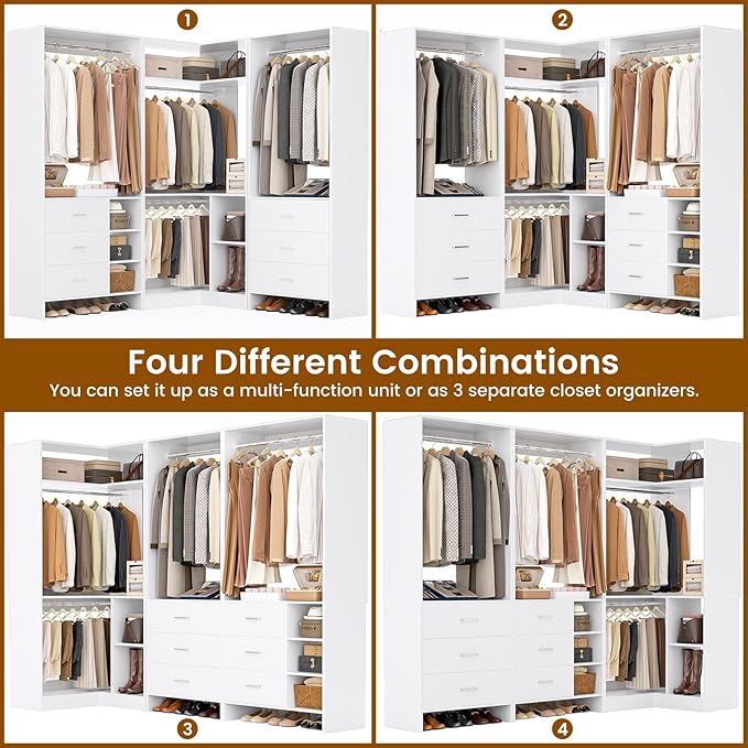 Aheaplus Closet System with 3 Sets, 86.8" Closet Organizer System with 6 Drawers & 4 Hanging Rods, L Shaped Walk-in Closets, Wardrobe Set, Corner Tower, Garment Rack Load 2000+LBS, -X1,White