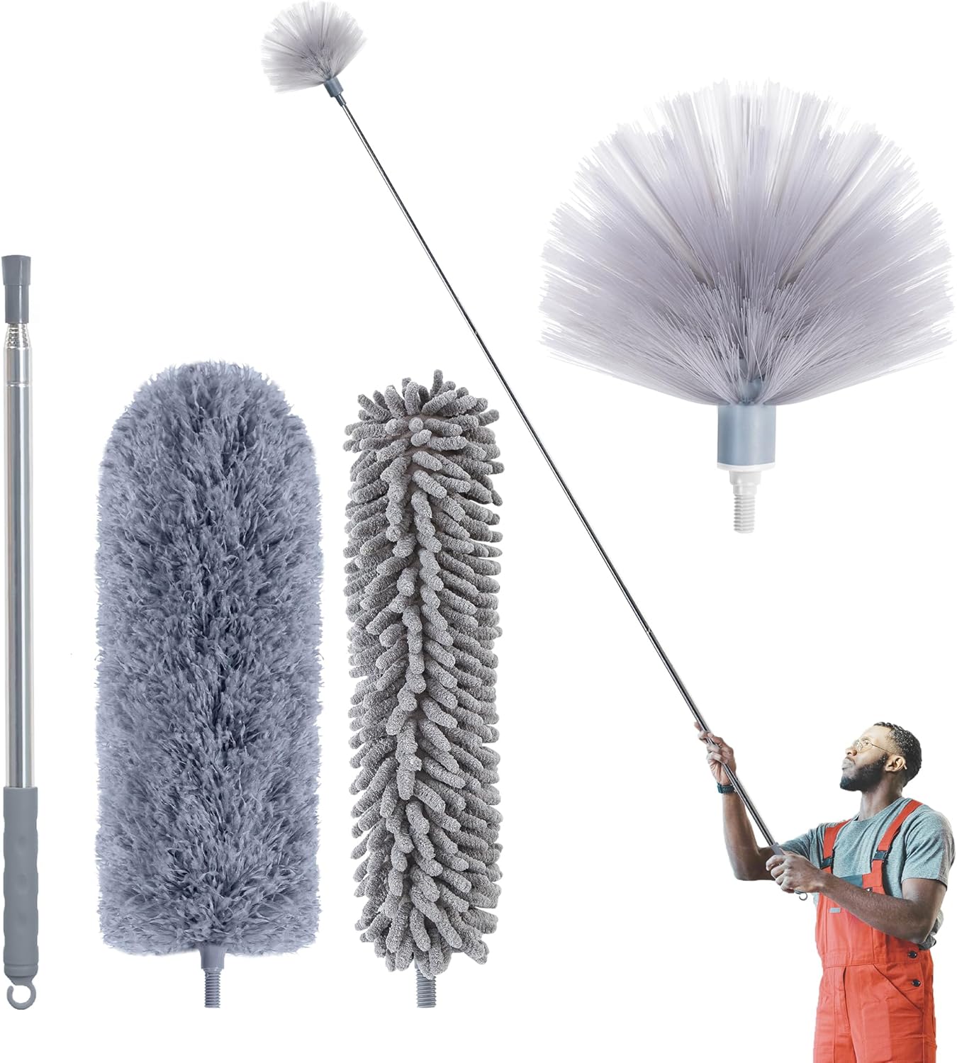 Cobweb Duster with Extension Pole, 100'' Microfiber & Chenille Ceiling Cleaner Kit, Reusable Feather Duster, Bendable, Washable